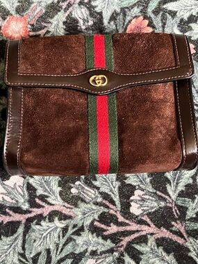 Authentic Vintage Gucci Sherry Line Suede Clutch Bag - Brown with Web Stripe